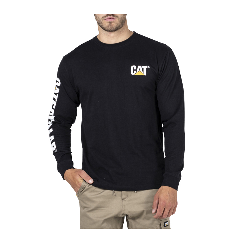 Caterpillar Clothing South Africa - Cat Men's Trademark Banner L/S T-Shirts Black AH2870143